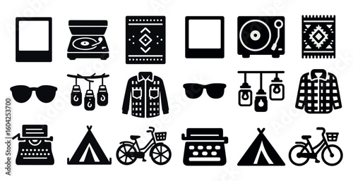 Retro lifestyle solid icons set – filled, vintage, classic elements collection