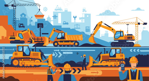 Heavy Equipment Workers Urban Construction Site Illustration