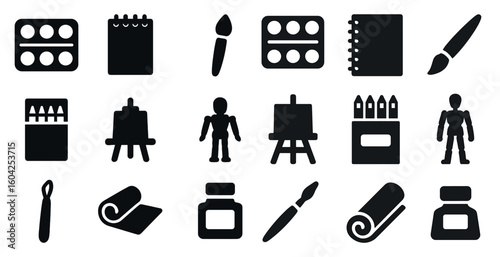 Art supplies icons set – silhouette, solid, creative tools and materials