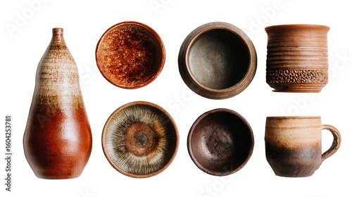 Artistic Pottery Items: A flat lay of artistic pottery items like handmade vases, mugs, and bowls, isolated on a Transparent background, PNG file.
