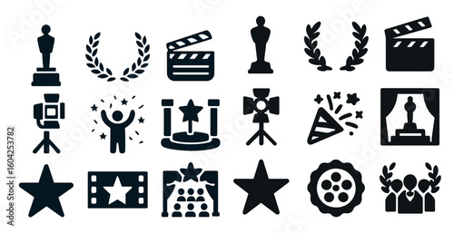 Award show silhouette icons set – trophy, film, achievement symbols