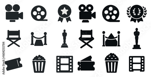 Film and movie silhouette icons set – cinema, filmography, entertainment graphics