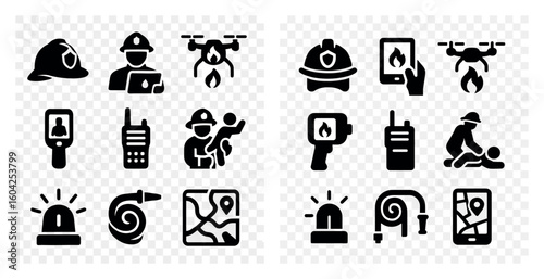 Emergency services solid icons set – flat, filled, rescue and safety symbols