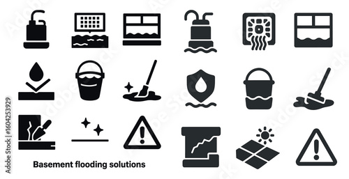 Basement flooding solutions solid icons set - filled, waterproof, drainage symbols