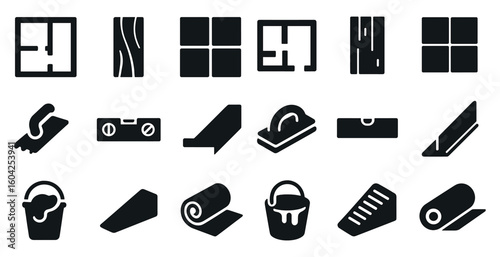 Home renovation solid icons set – tools, building, construction symbols