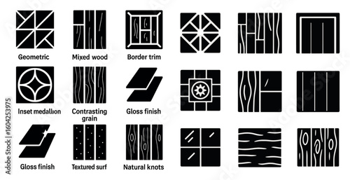 Wood texture silhouette icons set – outline, solid, patterns and grain designs