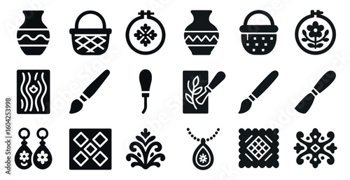 Craft and artisan solid icons set – filled, handmade, diy project symbols