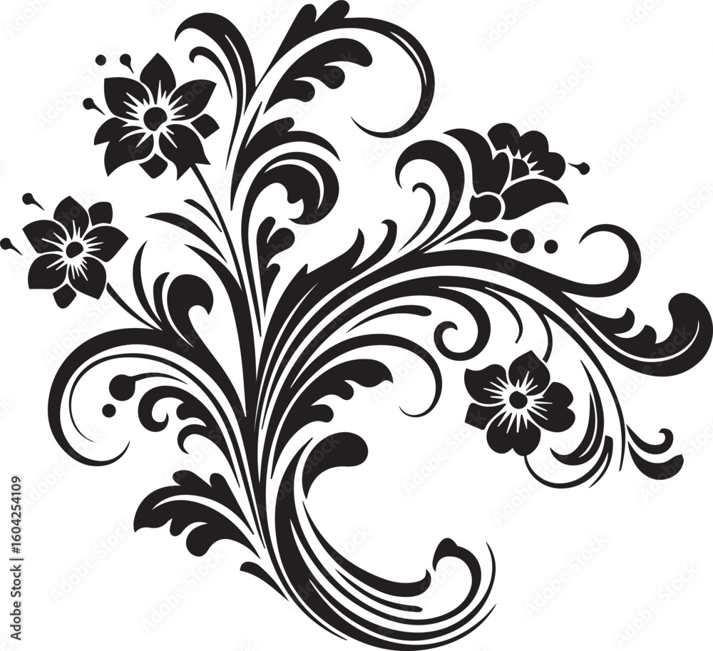 Black and white floral design featuring stylized flowers and swirling leaves.Vector floral design elemen Free Vector