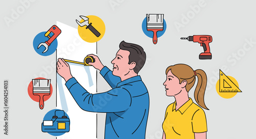 Couple Measuring Wall Home Improvement DIY Renovation Project