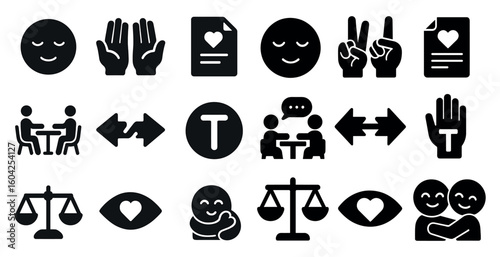 Relationship and communication icons set – solid, filled, connection symbols