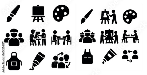 Art workshop filled icons set – creativity, solid, painting and design tools
