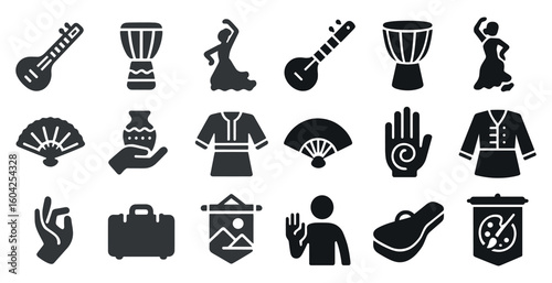 Cultural dance and music silhouette icons set – solid, filled, traditional symbols