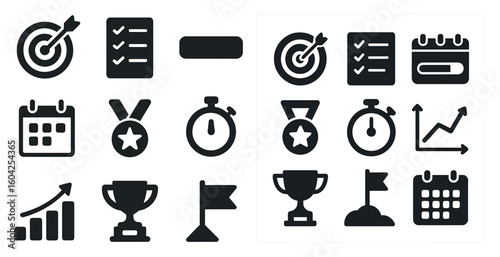Business and productivity solid icons set – silhouette, office, efficiency symbols