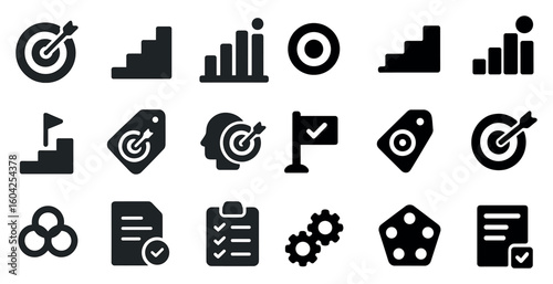 Business and analytics icons set – solid, filled, statistics and data symbols