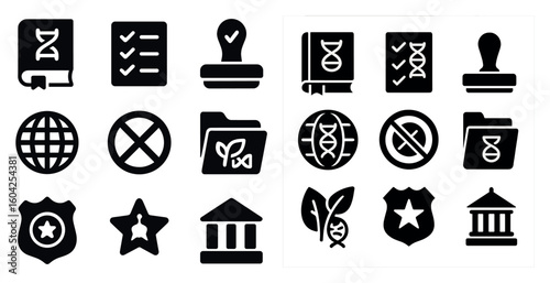 Genetics and law solid icons set – filled, silhouette, dna and legal symbols