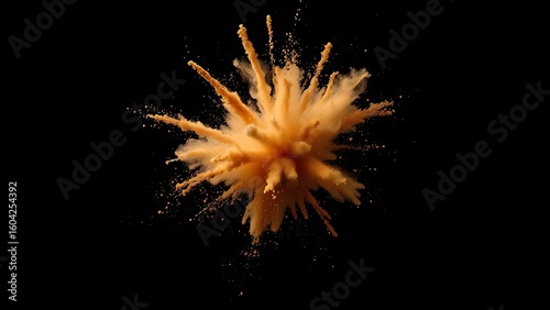 Abstract brown powder explosion in mid-air against a dark background, captured with dynamic motion.