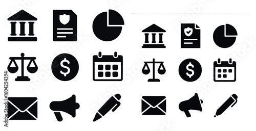 Finance and business solid icons set – silhouette, filled, corporate and banking symbols