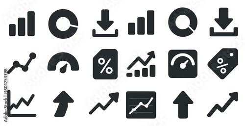 Business data analysis icons set – solid, graph, chart, statistics symbols