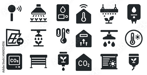 Smart farming solid icons set – flat, filled, agriculture and greenhouse symbols