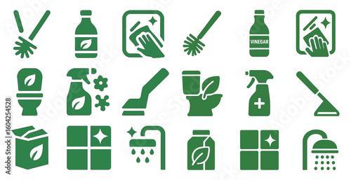 Cleaning and hygiene solid icons set – neat, filled, sanitation and housekeeping visuals