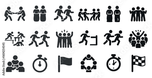 Teamwork and competition silhouette icons set – flat, solid, group cooperation symbols