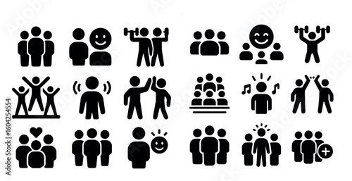 Community and wellness solid icons set – silhouette, filled, people and fitness symbols