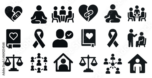 Mental health awareness icons set - solid, wellness, support symbols
