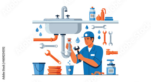 Plumber Repairing Leaking Sink Home Service Illustration