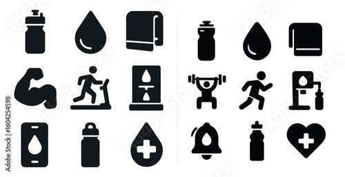 Fitness and health solid icons set – silhouette, filled, exercise and wellness graphics