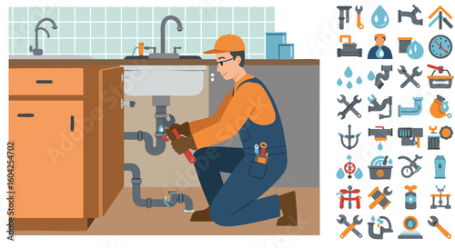 Plumber Repairing Kitchen Sink Drain Pipe with Tools