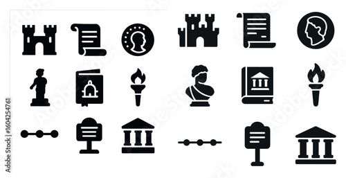 Ancient history solid icons set – filled, silhouette, historical and museum symbols