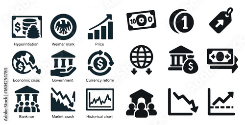 Economic crisis solid icons set – flat, filled, finance and market symbols