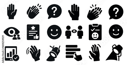 Communication and interaction solid icons set – filled, gesture and contact symbols