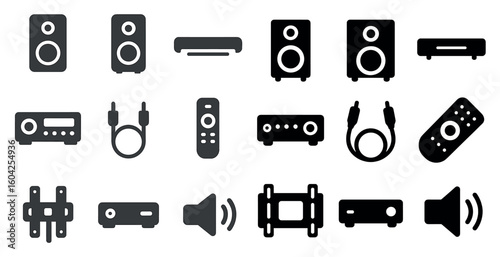 Home audio and speaker silhouette icons set – stereo, sound, music equipment