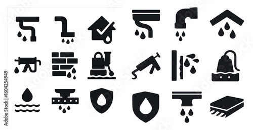 Waterproofing solid icons set – leak, repair, water protection symbols