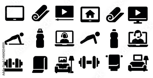 Home workout solid icons set – fitness, exercise, gym symbols
