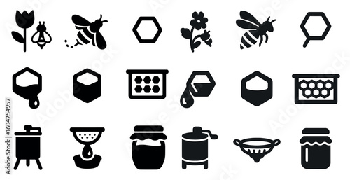 Beekeeping and honey silhouette icons set – filled, solid, apiary and bee farming symbols