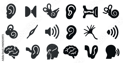 Hearing and sound silhouette icons set – solid, hearing, audio symbols