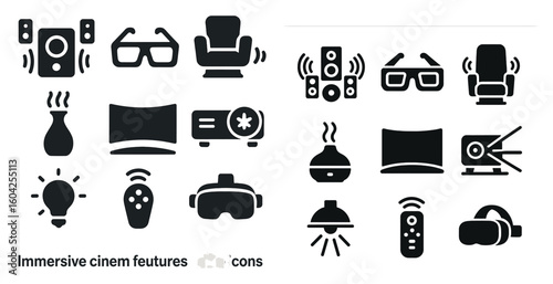 Home theater solid icons set – immersive, entertainment, audio visuals