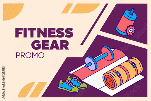Illustration showing fitness gear promo with dumbbell, water bottle, shoes and yoga mat on a geometric background
