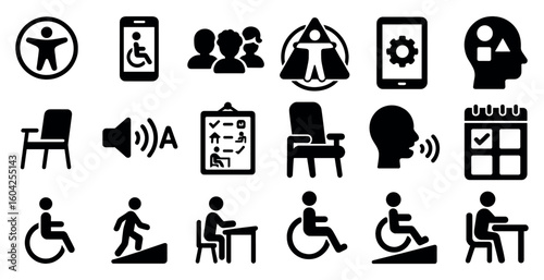 Accessibility icons set – filled, solid, disability and assistive technology symbols
