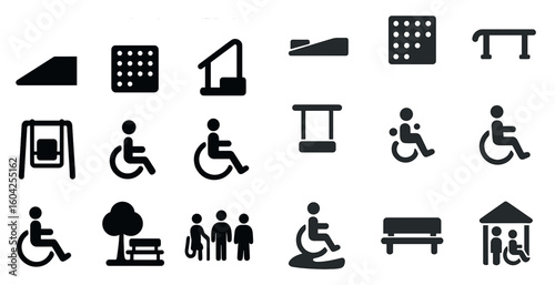 Accessibility solid icons set – filled, wheelchair, disability access symbols