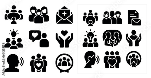 Community and connection silhouette icons set – solid, filled, social interaction symbols
