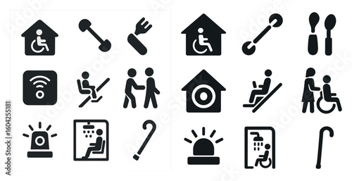 Accessibility and disability solid icons set – inclusive, assistive, mobility symbols