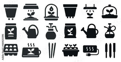 Gardening solid icons set – silhouette, filled, planting and horticulture symbols