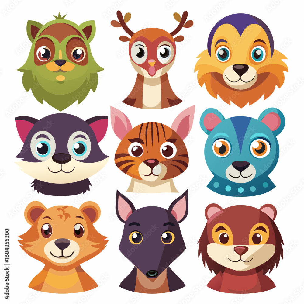 Fototapeta premium Set of vector illustration animal avatar icons