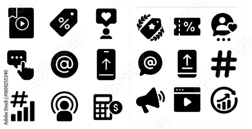 Marketing communication solid icons set – filled, social media, promotion tools
