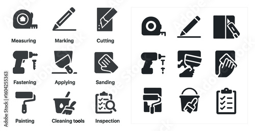 Construction and repair solid icons set – tools, diy, building symbols