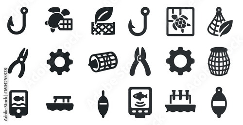 Fishing and boating silhouette icons set – solid, filled, marine and aquatic symbols