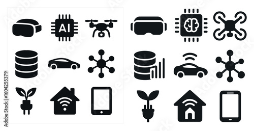 Technology and ai filled icons set – solid, tech, digital innovation symbols